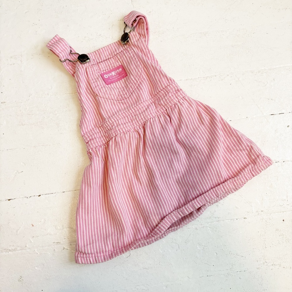 Vintage 90s OshKosh Pink Railroad Stripe Overall Dress Size 12-18M
